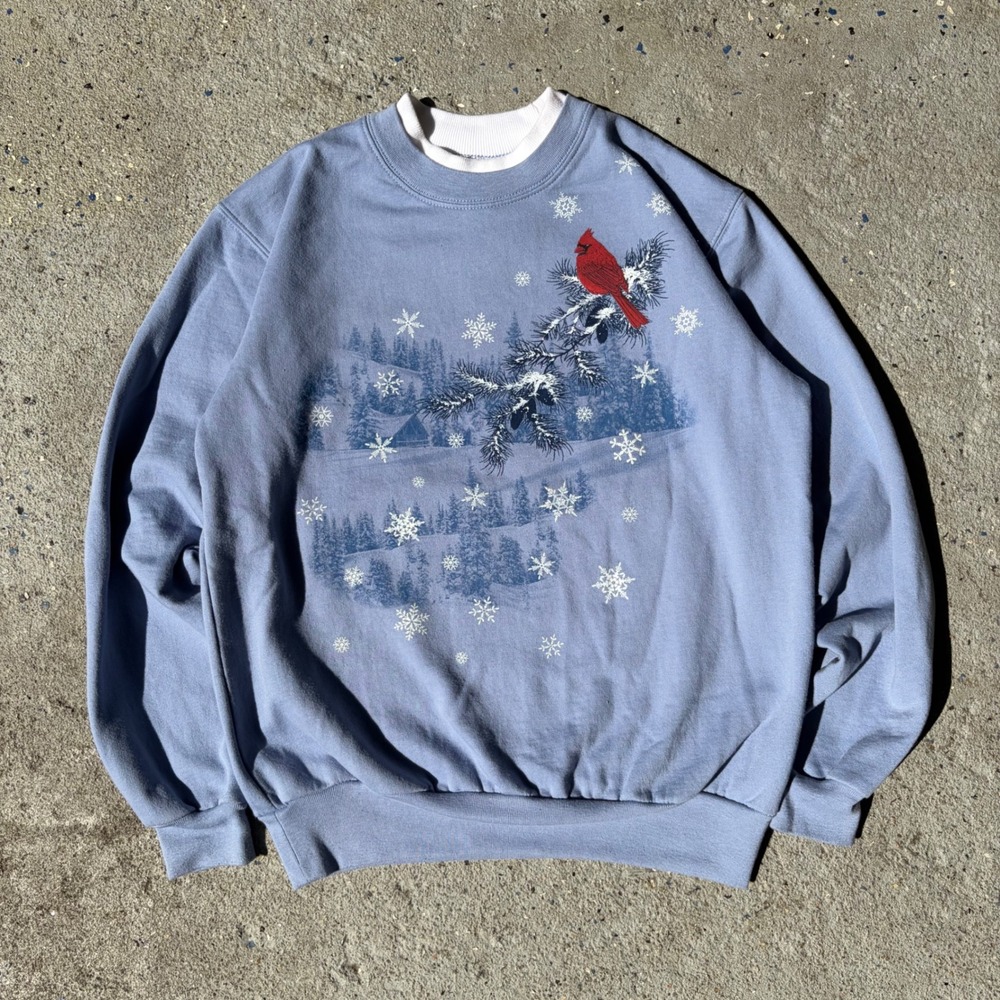 Decorated Originals Cardinal Winter Scene Sweatshirt Blue Small Snowflakes Cabin